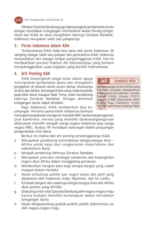 290    Ilmu Pengetahuan Sosial Kelas IX

    Melalui Dasasila Bandung juga diperjuangkan perdamaian dunia
dengan meredakan ketegangan internasional akibat Perang Dingin.
Hasil dari KAA ini akan mengilhami lahirnya Gerakan Nonblok,
Indonesia merupakan salah satu pelopornya.

3 . Peran Indonesia dalam KAA
    Terlaksananya KAA tidak bisa lepas dari peran Indonesia. Di
samping sebagai salah satu pelopor dan pemrakarsa KAA, Indonesia
menyediakan diri sebagai tempat penyelenggaraan KAA. Hal ini
membuktikan prestasi Kabinet Ali Sastroamijoyo yang berhasil
menyelenggarakan suatu kegiatan yang bersifat internasional.

          Penting
4 . Ar ti P enting KAA
     KAA berpengaruh sangat besar dalam upaya
menciptakan perdamaian dunia dan mengakhiri              Jeli     Jendela Info
penjajahan di seluruh dunia secara damai, khususnya Bangsa-bangsa di Asia Afrika yang
di Asia dan Afrika. Semangat KAA untuk tidak berpihak merdeka sesudah diadakannya
pada blok Barat maupun blok Timur telah mendorong KAA antara lain Maroko, Tunisia,
                                                       Sudan (1956), Ghana (1957),
lahirnya Gerakan Nonblok. Dengan demikian Guyana (1958), Mauritania, Moli,
ketegangan dunia dapat diredam.                        Niger, Togo, Dahomei, Chad,
     Bagi Indonesia, KAA memberikan dua ke- Senegal, dan Pantai Gading (1960).
untungan. Pertama pemerintah Indonesia berhasil
mencapai kesepakatan mengenai masalah RRC dwikewarganegaraan.
Usai konferensi, mereka yang memiliki dwikewarganegaraan
diharuskan memilih menjadi warga negara Indonesia atau warga
negara RRC. Kedua, RI mendapat dukungan dalam perjuangan
pengembalian Irian Barat.
     Berikut ini makna dan arti penting terselenggaranya KAA.
a. Merupakan pendorong kemerdekaan bangsa-bangsa Asia –
     Afrika untuk lepas dari cengkeraman imperialisme dan
     kolonialisme Barat.
b. Menjadi pendorong lahirnya Gerakan Nonblok.
c. Merupakan pencetus semangat solidaritas dan kebangkitan
     negara Asia Afrika dalam menggalang persatuan.
d. Memberikan harapan baru bagi bangsa-bangsa yang sudah
     maupun belum merdeka.
e. Mulai diikutinya politik luar negeri bebas dan aktif yang
     dijalankan oleh Indonesia, India, Myanmar, dan Sri Lanka.
f.   Kembali bangkit dan sadarnya bangsa-bangsa Asia dan Afrika
     akan potensi yang dimiliki.
g. Diakuinya nilai-nilai Dasasila Bandung oleh negara-negara maju
     karena terbukti memiliki kemampuan dalam meredakan
     ketegangan dunia.
h. Mulai dihapuskannya praktik-praktik politik diskriminasi ras
     oleh negara-negara maju.
 