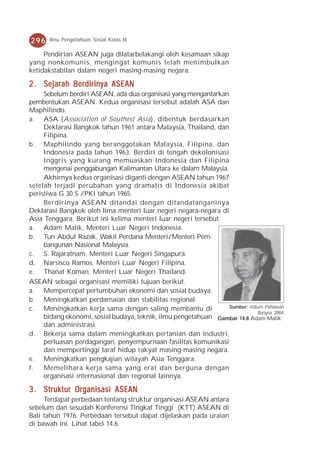 296    Ilmu Pengetahuan Sosial Kelas IX

     Pendirian ASEAN juga dilatarbelakangi oleh kesamaan sikap
yang nonkomunis, mengingat komunis telah menimbulkan
ketidakstabilan dalam negeri masing-masing negara.

2 . Sejarah Berdirinya ASEAN
     Sebelum berdiri ASEAN, ada dua organisasi yang mengantarkan
pembentukan ASEAN. Kedua organisasi tersebut adalah ASA dan
Maphilindo.
a. ASA (Association of Southest Asia), dibentuk berdasarkan
     Deklarasi Bangkok tahun 1961 antara Malaysia, Thailand, dan
     Filipina.
b. Maphilindo yang beranggotakan Malaysia, Filipina, dan
     Indonesia pada tahun 1963. Berdiri di tengah dekolonisasi
     Inggris yang kurang memuaskan Indonesia dan Filipina
     mengenai penggabungan Kalimantan Utara ke dalam Malaysia.
     Akhirnya kedua organisasi diganti dengan ASEAN tahun 1967
setelah terjadi perubahan yang dramatis di Indonesia akibat
peristiwa G 30 S /PKI tahun 1965.
     Berdirinya ASEAN ditandai dengan ditandatanganinya
Deklarasi Bangkok oleh lima menteri luar negeri negara-negara di
Asia Tenggara. Berikut ini kelima menteri luar negeri tersebut.
a. Adam Malik, Menteri Luar Negeri Indonesia.
b. Tun Abdul Razak, Wakil Perdana Menteri/Menteri Pem-
     bangunan Nasional Malaysia.
c. S. Rajaratnam, Menteri Luar Negeri Singapura.
d. Narsisco Ramos, Menteri Luar Negeri Filipina.
e. Thanat Koman, Menteri Luar Negeri Thailand.
ASEAN sebagai organisasi memiliki tujuan berikut.
a. Mempercepat pertumbuhan ekonomi dan sosial budaya.
b. Meningkatkan perdamaian dan stabilitas regional.
c. Meningkatkan kerja sama dengan saling membantu di             Sumber: Album Pahlawan
                                                                            Bangsa, 2004
     bidang ekonomi, sosial budaya, teknik, ilmu pengetahuan Gambar 14.8 Adam Malik
     dan administrasi.
d. Bekerja sama dalam meningkatkan pertanian dan industri,
     perluasan perdagangan, penyempurnaan fasilitas komunikasi
     dan mempertinggi taraf hidup rakyat masing-masing negara.
e. Meningkatkan pengkajian wilayah Asia Tenggara.
f.   Memelihara kerja sama yang erat dan berguna dengan
     organisasi internasional dan regional lainnya.

3 . Struktur Organisasi ASEAN
     Terdapat perbedaan tentang struktur organisasi ASEAN antara
sebelum dan sesudah Konferensi Tingkat Tinggi (KTT) ASEAN di
Bali tahun 1976. Perbedaan tersebut dapat dijelaskan pada uraian
di bawah ini. Lihat tabel 14.6.
 
