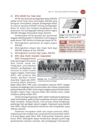 Bab 16 Kerja Sama Ekonomi Internasional     325
2)    AFTA ( ASEAN Free Trade Area )
      AFTA atau kawasan perdagangan bebas ASEAN
adalah forum kerja sama antarnegara ASEAN yang
bertujuan menciptakan wilayah perdagangan bebas
di seluruh kawasan ASEAN. Konsep perdagangan
bebas ini antara lain meliputi penghapusan atau
penurunan tarif perdagangan barang sesama negara
ASEAN sehingga menurunkan biaya ekonomi.
      Pembentukan AFTA berawal dari pertemuan Sumber: www.google.com, 2 Februari 2008
anggota ASEAN pada KTT ASEAN ke-4 di Singapura Gambar 16.5 Lambang AFTA
pada Januari 1992. Berikut ini beberapa tujuan AFTA.
a) Meningkatkan spesialisasi di negara-negara                 Jeli Jendela Info
      ASEAN.                                               Dalam konteks perdagangan
b) Meningkatkan ekspor dan impor baik bagi internasional, AFTA diharapkan
                                                           berperan sebagai suatu kegiatan
      ASEAN ataupun di luar ASEAN.                         negosiasi dengan pihak asing.
c) Meningkatkan investasi bagi negara ASEAN.
3 ) APEC ( Asia Pacific Economic Cooperation )
      APEC merupakan forum
kerja sama negara di kawasan
Asia Pasifik untuk me-
ningkatkan pertumbuhan
ekonomi, perdagangan, dan
investasi di antara sesama
negara anggota. Keberadaan
APEC atas prakarsa Bob
Hawke (perdana menteri                           Sumber: Ensiklopedia Umum untuk Pelajar Jilid 1, 2005
                                Gambar 16.6 Pertemuan pemimpin APEC II di Bogor 1994 yang
Australia). Tujuan dari APEC melahirkan Deklarasi Bogor.
tertuang dalam Deklarasi
Bogor pada tahun 1994, yaitu menetapkan kawasan APEC sebagai
kawasan perdagangan dan investasi bebas dan terbuka yang berlaku
paling lambat tahun 2020. Untuk negara anggota yang termasuk dalam
kategori negara maju, kawasan bebas dan terbuka harus sudah
terealisasi paling lambat 2010.
      Untuk mencapai tujuannya, APEC dalam melakukan kegiatannya
selalu berlandaskan pada prinsip kesepakatan bersama yang sifatnya
tidak mengikat, dialog terbuka, serta prinsip saling menghargai
pandangan dan pendapat seluruh anggota. Keputusan yang diambil
oleh APEC dibuat berdasarkan konsensus dan kesepakatan yang
sifatnya sukarela.
      Indonesia merupakan salah satu negara pencetus APEC.
Indonesia pernah menjadi tuan rumah pertemuan pemimpin APEC
II di kota Bogor pada tahun 1994. Keikutsertaan Indonesia dalam
forum APEC diharapkan dapat memberikan dampak positif bagi
perekonomian nasional, investasi, dan perdagangan internasional.
 