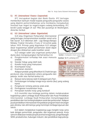 Bab 16 Kerja Sama Ekonomi Internasional    329
5)  IFC ( International Finance Corporation )
    IFC merupakan bagian dari Bank Dunia. IFC bertugas
memberikan bantuan modal kepada pengusaha-pengusaha swasta
yang dijamin pemerintahannya serta membantu menyalurkan
investasi luar negeri ke negara-negara sedang berkembang. IFC
berdiri pada tanggal 24 Juli 1956 dan pusatnya di Washington,
Amerika Serikat.
6)   ILO ( International Labour Organization )
     ILO atau Organisasi Perburuhan Internasional
yang bertugas mempromosikan keadilan sosial serta
hak buruh. ILO dibentuk oleh Liga Bangsa-Bangsa
Melalui Traktat Versailes (Treaty of Versailles) pada
tahun 1919. Prinsip yang digunakan ILO sebagai
dasar kegiatannya adalah perdamaian abadi dapat
dicapai jika didasarkan pada keadilan sosial.
     ILO sebagai salah satu organisasi perburuhan
dunia akan memperjuangkan hal-hal berikut ini.             Sumber: Ensiklopedia Umum untuk Pelajar
a) Penghormatan terhadap hak asasi manusia Gambar 16.11 Lambang ILO 4, 2005           Jilid

     (HAM).
b) Standar hidup yang lebih baik.                            Jeli Jendela Info
c) Kondisi kerja yang manusiawi.
                                                           Indonesia bergabung dalam ILO
d) Kesempatan kerja.
                                                           pada 1950. Sejak itu Indonesia me-
e) Keamanan ekonomi.                                       mainkan peran aktif dalam
     Adapun produk yang dihasilkan ILO baik berupa organisasi ini. Indonesia pernah
peraturan atau kesepakatan antara pengusaha dan terpilih menjadi anggota Dewan
                                                           Pembina ILO (Juni 1975 – Juni 1978).
pekerja, terdiri atas hal-hal berikut ini.
a) Batasan lama bekerja ialah 8 (delapan) jam/hari.
b) Perlindungan terhadap tenaga kerja wanita (ibu) yang sedang
     hamil.
c) Pengaturan tentang pekerja anak-anak.
d) Peningkatan keselamatan kerja.
e) Penciptaan kondisi kerja yang kondusif.
     ILO memiliki dua lembaga penting dalam melaksanakan
kegiatannya yakni Lembaga Studi Perburuhan dan Pusat Pendidikan
Internasional. Lembaga Studi Perburuhan menyelenggarakan
pendidikan dan riset tentang kebijakan sosial dan perburuhan. Adapun
pusat pendidikan internasional menyediakan program hasil rancangan
para direktur dan ahli lainnya yang memimpin lembaga kejuruan dan
teknis.
     ILO dalam menjalankan kegiatannya juga menjalin kerja sama
baik dengan pemerintah, pengusaha, dan organisasi pekerja. Kerja
sama ini dilakukan melalui proyek promosi tenaga kerja, pengembangan
SDM, produktivitas, hubungan industri, dan pendidikan bagi pekerja.
 