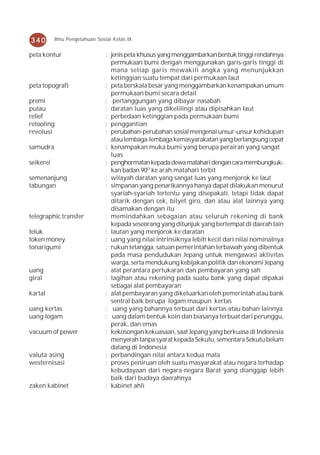 340        Ilmu Pengetahuan Sosial Kelas IX


peta kontur                     : jenis peta khusus yang menggambarkan bentuk tinggi rendahnya
                                  permukaan bumi dengan menggunakan garis-garis tinggi di
                                  mana setiap garis mewakili angka yang menunjukkan
                                  ketinggian suatu tempat dari permukaan laut
peta topografi                  : peta berskala besar yang menggambarkan kenampakan umum
                                  permukaan bumi secara detail
premi                           : pertanggungan yang dibayar nasabah
pulau                           : daratan luas yang dikelilingi atau dipisahkan laut
relief                          : perbedaan ketinggian pada permukaan bumi
retooling                       : penggantian
revolusi                        : perubahan-perubahan sosial mengenai unsur-unsur kehidupan
                                  atau lembaga-lembaga kemasyarakatan yang berlangsung cepat
samudra                         : kenampakan muka bumi yang berupa perairan yang sangat
                                  luas
seikerei                        : penghormatan kepada dewa matahari dengan cara membungkuk-
                                  kan badan 90O ke arah matahari terbit
semenanjung                     : wilayah daratan yang sangat luas yang menjorok ke laut
tabungan                        : simpanan yang penarikannya hanya dapat dilakukan menurut
                                  syariah-syariah tertentu yang disepakati, tetapi tidak dapat
                                  ditarik dengan cek, bilyet giro, dan atau alat lainnya yang
                                  disamakan dengan itu
telegraphic transfer            : memindahkan sebagaian atau seluruh rekening di bank
                                  kepada seseorang yang ditunjuk yang bertempat di daerah lain
teluk                           : lautan yang menjorok ke daratan
token money                     : uang yang nilai intrinsiknya lebih kecil dari nilai nominalnya
tonarigumi                      : rukun tetangga, satuan pemerintahan terbawah yang dibentuk
                                  pada masa pendudukan Jepang untuk mengawasi aktivitas
                                  warga, serta mendukung kebijakan politik dan ekonomi Jepang
uang                            : alat perantara pertukaran dan pembayaran yang sah
giral                           : tagihan atau rekening pada suatu bank yang dapat dipakai
                                  sebagai alat pembayaran
kartal                          : alat pembayaran yang dikeluarkan oleh pemerintah atau bank
                                  sentral baik berupa logam maupun kertas
uang kertas                     : uang yang bahannya terbuat dari kertas atau bahan lainnya
uang logam                      : uang dalam bentuk koin dan biasanya terbuat dari perunggu,
                                  perak, dan emas
vacuum of power                 : kekosongan kekuasaan, saat Jepang yang berkuasa di Indonesia
                                  menyerah tanpa syarat kepada Sekutu, sementara Sekutu belum
                                  datang di Indonesia
valuta asing                    : perbandingan nilai antara kedua mata
westernisasi                    : proses peniruan oleh suatu masyarakat atau negara terhadap
                                  kebudayaan dari negara-negara Barat yang dianggap lebih
                                  baik dari budaya daerahnya
zaken kabinet                   : kabinet ahli
 