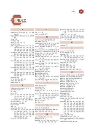 Index
                                                                                                    Daftar Pustaka         343



        INDEX

                   A                                            C                         gurun 202, 206, 207, 209, 210, 211, 212,
                                                                                               214, 217, 218, 219, 220, 230, 234,
Adam Malik 38, 56, 191, 272, 273, 287,      cek 113, 114                                       235
      296, 297                              common stock 117                              Golkar 271, 272, 277, 280
Agresi Militer Belanda 53, 54, 59, 61,                                                    GNB 284, 291, 292, 293, 294, 300, 302
      63                                                        D                         globalisasi 305, 308, 309, 310, 312, 314,
Akun 118                                    dana pensiun 120, 121, 122, 123                    315, 317, 318
Akuntan 118                                 Drs. Moh. Hatta 35
asuransi 120, 121, 123                      diplomasi 52, 56, 57, 58, 59, 60, 61, 63,
                                                                                                             H
ATM 114, 115                                      238, 239, 244, 245, 246, 247
Asia Tenggara 163, 164, 165, 166, 167,                                                    Hirohito 27
                                            Dekrit Presiden 65, 69, 70, 71, 72, 75,
      168, 169, 170, 174, 176, 179, 181,          78, 79                                                     I
      182, 183, 184, 185, 186, 187, 188,    Demokrasi Liberal 68, 70, 73, 75, 76, 78
      191, 192, 193, 194, 195, 196, 197     Demokrasi Terpimpin 70, 72, 73, 75, 79        impor 14, 16, 18, 21
Afrika 201, 208, 209, 210, 211, 212, 213,   devisa 136, 137, 138, 140, 142, 144           Ir. Soekarno 35, 36, 37
      222, 227, 230, 231, 233, 234, 235     dumping 141, 142, 144, 147                    investor 119
Amerika 201, 205, 206, 207, 208, 209,       daratan 149, 150, 151, 152, 153, 154,         iklim 200, 202, 204, 205, 206, 210, 211,
      221, 222, 223, 226, 230, 233, 234,          158, 159                                       214, 217, 218, 219, 220, 232, 235
      235                                   dataran rendah 150, 151, 153, 158, 159,       Irian Barat 237, 238, 239, 240, 241, 242,
Asia 201, 202, 203, 204, 205, 206, 207,           160, 161                                       243, 244, 245, 246, 247
      208, 209, 210, 211, 212, 213, 214,    dataran tinggi 150, 151, 153, 158, 159,       IBRD 328, 333, 334, 335
      215, 216, 220, 221, 222, 223, 224,          160, 161                                IFC 329, 333
      229, 230, 231, 233, 234, 235          danau 203, 207, 208, 211, 212, 214, 215,      ILO 323, 329, 333, 335
Australia 201, 202, 216, 217, 218, 219,           219, 221, 230, 234                      IMF 323, 327, 333, 334
      220, 221, 222, 229, 230, 233, 234,    Dewan Banteng 256                             investasi 324, 325, 329, 332, 333
      235                                   Dewan Gajah 256, 264
ASEAN 284, 294, 295, 296, 297, 298,                                                                          K
                                            Dewan Garuda 256
      299, 300, 303, 319, 322, 323, 324,    Dewan Manguni 256                             Konferensi Meja Bundar 56, 57, 62, 63
      325, 333, 337                         DI/TII 249, 251, 252, 253, 254, 262, 263,     Kabinet Ali Sastroamijoyo 69, 77
Atlantik 284                                      264, 265                                Kabinet Burhanudin Harahap 69
AFTA 322, 324, 325, 333                     Dasasila Bandung 289, 290, 300, 302           Kabinet Djuanda 69, 78
APEC 322, 325, 333
                                                                                          Kabinet Natsir 68, 75, 78
Adolf Hitler 44                                                 E                         Kabinet parlementer 70, 75
                   B                        efek 117, 118, 119                            Kabinet Sukiman 69
                                            emisi 118, 119                                Kabinet Wilopo 69, 78
bidang perekonomian 10, 12, 15              emiten 118, 119                               Konsepsi Presiden 78
Benito Mussolini 27                         ekspor 3, 5, 8, 11, 14, 15, 16, 17, 19, 21,   kartu kredit 103, 114
BAE 118                                           22                                      kesempatan kerja 119
banca 123                                   Eropa 201, 202, 208, 209, 211, 212, 213,      Kustodian 118
bank 97, 103, 104, 105, 106, 107, 108,            214, 215, 216, 220, 222, 223, 228,      kuota 141, 144
      109, 110, 111, 112, 113, 114, 115,          229, 230, 231, 233, 234, 235            kurs 139, 140, 145
      116, 117, 122, 123, 126, 127          Ellsworth Bunker 242, 247                     kontur 150, 151, 154, 155, 156, 157, 158,
bank sentral 97, 108, 109, 114, 123         EFTA 326, 333                                       160, 161
bank syariah 111, 112, 113                  EU 326, 333                                   kawasan 163, 164, 165, 166, 167, 168,
bank umum 110, 123                                                                              169, 176, 178, 174, 180, 183, 185,
Bapepam 118                                                     F                               189, 190, 191, 192, 193, 194, 195,
BPR 110                                                                                         196, 197, 201, 202, 203, 204, 205,
bursa efek 117, 118, 119                    fasis 26, 27, 28, 38, 44                            206, 207, 208, 209, 210, 211, 213,
Benua 200, 201, 202, 203, 204, 205, 206,    Franklin Delano Roosevelt 284, 301                  214, 215, 216, 217, 218, 219, 220,
      207, 208, 209, 210, 211, 212, 213,    FAO 328, 329, 333, 334, 335                         221, 222, 223, 224, 230, 231, 233,
      214, 215, 216, 217, 218, 220, 221,                                                        234, 235
      222, 223, 224, 226, 227, 228, 229,                        G                         kerja sama 191, 193
      230, 231, 232, 233, 234, 235          giro 108, 110, 113, 114, 124                  kepulauan 206, 221, 230, 231
bilateral 319, 323, 326, 333                gerilya 52, 56, 63                            konfrontasi ekonomi 239, 240, 244, 245,
                                            gunung 203, 207, 209, 210, 211, 214,                247
                                                  218, 219, 221, 223, 230, 234            konfrontasi militer 245, 246
 