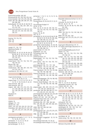 344          Ilmu Pengetahuan Sosial Kelas IX

konfrontasi politik 240, 245                  pertanian 7, 10, 11, 12, 13, 14, 15, 16,                         R
Kartosuwiryo 251, 252, 253, 254, 262                17, 21, 22
krisis moneter 267, 274, 275, 278, 281        peternakan 11, 13, 17                         Republik Indonesia Serikat 53, 54, 57,
KAA 284, 287, 288, 289, 290, 291, 292,        Perang Dunia 25, 26, 28, 29, 31, 32, 41,             58, 62
       294, 300, 302                                45                                      romusha 36, 38, 39, 40, 42, 45
kebudayaan 81, 84, 85, 87, 88, 90, 91,        Perundingan Kalijati 41                       RIS 65, 66, 67, 76, 79
       93, 94, 305, 306, 307, 309, 312,       PETA 37, 40                                   revolusi 82, 83, 84, 86, 92, 250, 259,
       313, 315, 316                          Peta 32, 34, 37, 40, 44, 149, 150, 151,              261, 265
kerja sama ekonomi 319, 320, 322, 323,              152, 153, 154, 155, 157, 158, 159,      Reksadana 118
       326, 327, 331, 332, 333, 334, 335,           160, 161                                right 117
       336, 337                               Putera 35, 36, 39                             relief 149, 150, 151, 152, 159, 160, 161,
                                              PKI 70, 73                                           202, 217
                    L                                                                       RMS 254, 255, 262, 265
                                              perubahan 81, 82, 83, 84, 85, 86, 87, 88,
                                                    89, 90, 91, 92, 93, 94, 95, 305, 306,   Reformasi 267, 273, 275, 276, 277, 278,
leasing 115, 116, 123
                                                    307, 308, 309, 312, 314, 315                   281
LKP 118
LPP 118                                       perubahan sosial 81, 82, 84, 85, 86, 88,                         S
                                                    89, 90, 91, 92, 93, 94, 95
                   M                          perubahan sosial budaya 81, 82, 85,           Supriyadi 40Soedirman 49, 51
                                                    86, 88, 89, 90, 91, 92, 93, 94, 95,     Sri Sultan Hamengku Buwono IX 51,
modal 117, 118, 119                                 305, 306, 308, 314                            55, 58
Manifesto Politik 72                          pasar modal 117, 118, 119                     Sumitro Djoyohadikusumo 55, 67
Manipol 72                                    pegadaian 121, 123                            saham 117, 119
masyarakat 81, 82, 83, 84, 85, 86, 87,        Perusahaan Efek 118                           simbol 150, 151, 152, 153, 154, 158,
      88, 89, 90, 91, 92, 93, 94, 95, 305,    pialang 119                                         159, 160, 161
      306, 307, 309, 310, 312, 313, 314,      preferred stock 117                           sungai 150, 151, 153, 154, 158, 159,
      315, 316, 317                           pegunungan 151, 152, 153, 154, 158,                 160, 161, 203, 204, 207, 208, 209,
money changer 140                                   160, 161                                      210, 211, 212, 214, 215, 219, 221,
muka bumi 150, 151, 152, 154, 157,            peta kontur 150, 151, 154, 155, 157,                230, 234, 235
      158, 159, 161                                 158, 160, 161                           Samudra 199, 200, 201, 202, 206, 209,
Musso 250, 262                                peta topografi 150, 151, 157, 160                   213, 214, 216, 217, 218, 221, 222,
militer 271, 280, 281                         Potensi Alam 170, 172, 174, 176, 178,               223, 224, 230, 233, 234, 235
modernisasi 305, 306, 307, 310, 312,                179, 181, 184, 186, 188, 190            suku 208, 212
      314, 315, 316, 317                      Potensi Industri 170, 172, 176, 178, 180,     sparatis 256, 257, 262
multilateral 323, 326, 327, 333                     182, 184, 186, 188, 190                 Soeharto 269, 270, 271, 275, 276, 277,
                    N                         Potensi Pariwisata 171, 173, 175, 177,              278, 279, 280, 281
                                                    178, 180, 181, 182, 185, 186, 188,      subsidi 141, 144, 145
negara berkembang 1, 2, 3, 4, 5, 8, 9,              190
       10, 11, 18, 19, 20, 21, 23             Potensi Perdagangan 170, 176, 180, 182,                          T
negara maju 1, 2, 3, 4, 5, 6, 8, 9, 10, 11,         184, 186, 188, 190
                                                                                            TKR 49, 50
       12, 14, 17, 18, 19, 20, 21, 22, 23     Potensi Sosial Budaya 170, 172, 174,
                                                                                            TNI 51, 52, 54, 57, 58, 60 62
nilai intrinsik 100, 123                            176, 178, 180, 182, 184, 186, 188,
                                                                                            telegraphic transfer 103, 104
nilai nominal 100, 123                              190
                                                                                            Trikora 240, 241, 246
negara 205, 206, 213, 214, 215, 216,          pegunungan 203, 207, 210, 211, 214
                                                                                            tarif 134, 141, 144, 145
       217, 218, 220, 221, 223, 224, 226,            215, 218, 221, 230 234, 235
       227, 228, 229, 230, 232, 233, 234,     penduduk 204, 205, 208, 209, 211, 212,                           U
       235                                          215, 220, 221, 231, 233, 235
Nasakom 73                                    permukaan bumi 200, 201, 221, 223, 230        UUD 1945 66, 67, 71, 72, 73, 75, 78, 79
Nefo 74                                       pulau 200, 204, 217, 230, 231                 uang 97, 98, 99, 100, 101, 102, 103,
                                              Pepera 237, 242, 243, 244, 246, 247                 104, 105, 106, 107, 108, 109, 110,
                    O                         Perjanjian New York 243, 244, 247                   113, 114, 116, 120, 121, 122, 123,
                                              Pahlawan 259, 261, 265                              124, 125, 127
Oldefo 74
                                              Permesta 256, 257, 258, 262, 265              uang giral 103, 123
obligasi 117, 119
                                              PKI 249, 250, 251, 258, 259, 260, 261,        uang kartal 103, 123
OECD 331, 333
                                                    262, 263, 265                           uang kertas 99, 102, 103, 122, 123, 127
OPEC 322, 323, 325, 330, 331, 333, 335
                                              PRRI 256, 257, 258, 262, 265                  uang logam 99, 102, 103, 122, 123
Orde Baru 267, 268, 270, 271, 272, 273,
                                              pelita 273, 274                               utang jangka panjang 117
      274, 275, 276, 277, 278, 279, 280,
                                              pembangunan 267, 272, 273, 274, 275,          UNTEA 243, 247
      281
                                                    277, 278, 280, 281
                                              PBB 284, 285, 286, 287, 289, 293, 300,                           V
                    P
                                                    301, 303                                van Mook 48, 54
pendapatan perkapita 3, 4, 5, 7, 8, 12,       Perundingan Linggarjati 52, 53, 54,           valuta asing 136, 138, 139, 140, 144
     15, 16, 20, 21, 22, 23                         59, 63
perikanan 11, 13, 15, 17, 18, 22              Perundingan Renville 54, 59, 62                                  W
perindustrian 13, 16, 17                      Perundingan Roem-Royen 57, 59, 63
pertambangan 13, 15, 17                                                                     Winston Churchill 284, 301
 