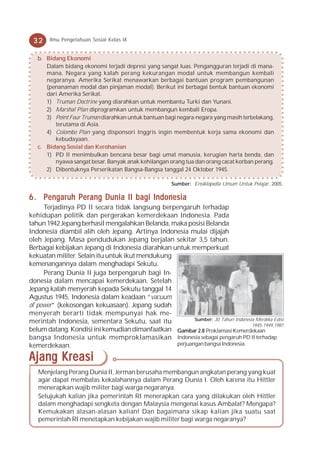 32    Ilmu Pengetahuan Sosial Kelas IX


   b. Bidang Ekonomi
      Dalam bidang ekonomi terjadi depresi yang sangat luas. Pengangguran terjadi di mana-
      mana. Negara yang kalah perang kekurangan modal untuk membangun kembali
      negaranya. Amerika Serikat menawarkan berbagai bantuan program pembangunan
      (penanaman modal dan pinjaman modal). Berikut ini berbagai bentuk bantuan ekonomi
      dari Amerika Serikat.
      1) Truman Doctrine yang diarahkan untuk membantu Turki dan Yunani.
      2) Marshal Plan diprogramkan untuk membangun kembali Eropa.
      3) Point Four Truman diarahkan untuk bantuan bagi negara-negara yang masih terbelakang,
         terutama di Asia.
      4) Colombo Plan yang disponsori Inggris ingin membentuk kerja sama ekonomi dan
         kebudayaan.
   c. Bidang Sosial dan Kerohanian
      1) PD II menimbulkan bencana besar bagi umat manusia, kerugian harta benda, dan
         nyawa sangat besar. Banyak anak kehilangan orang tua dan orang cacat korban perang.
      2) Dibentuknya Perserikatan Bangsa-Bangsa tanggal 24 Oktober 1945.

                                                      Sumber: Ensiklopedia Umum Untuk Pelajar, 2005.

6 . Pengaruh Perang Dunia II bagi Indonesia
     Terjadinya PD II secara tidak langsung berpengaruh terhadap
kehidupan politik dan pergerakan kemerdekaan Indonesia. Pada
tahun 1942 Jepang berhasil mengalahkan Belanda, maka posisi Belanda
Indonesia diambil alih oleh Jepang. Artinya Indonesia mulai dijajah
oleh Jepang. Masa pendudukan Jepang berjalan sekitar 3,5 tahun.
Berbagai kebijakan Jepang di Indonesia diarahkan untuk memperkuat
kekuatan militer. Selain itu untuk ikut mendukung
kemenangannya dalam menghadapi Sekutu.
     Perang Dunia II juga berpengaruh bagi In-
donesia dalam mencapai kemerdekaan. Setelah
Jepang kalah menyerah kepada Sekutu tanggal 14
Agustus 1945, Indonesia dalam keadaan “vacuum
of power” (kekosongan kekuasaan). Jepang sudah
menyerah berarti tidak mempunyai hak me-
merintah Indonesia, sementara Sekutu, saat itu           Sumber: 30 Tahun Indonesia Merdeka Edisi
                                                                                  1945-1949,1981
belum datang. Kondisi ini kemudian dimanfaatkan Gambar 2.8 Proklamasi Kemerdekaan
bangsa Indonesia untuk memproklamasikan Indonesia sebagai pengaruh PD II terhadap
kemerdekaan.                                      perjuangan bangsa Indonesia.

Ajang Kreasi
   Menjelang Perang Dunia II, Jerman berusaha membangun angkatan perang yang kuat
   agar dapat membalas kekalahannya dalam Perang Dunia I. Oleh karena itu Hittler
   menerapkan wajib militer bagi warga negaranya.
   Setujukah kalian jika pemerintah RI menerapkan cara yang dilakukan oleh Hittler
   dalam menghadapi sengketa dengan Malaysia mengenai kasus Ambalat? Mengapa?
   Kemukakan alasan-alasan kalian! Dan bagaimana sikap kalian jika suatu saat
   pemerintah RI menetapkan kebijakan wajib militer bagi warga negaranya?
 