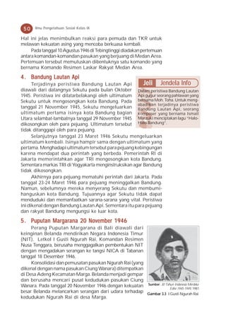 50    Ilmu Pengetahuan Sosial Kelas IX

Hal ini jelas menimbulkan reaksi para pemuda dan TKR untuk
melawan kekuatan asing yang mencoba berkuasa kembali.
     Pada tanggal 10 Agustus 1946 di Tebingtinggi diadakan pertemuan
antara komandan-komandan pasukan yang berjuang di Medan Area.
Pertemuan tersebut memutuskan dibentuknya satu komando yang
bernama Komando Resimen Laskar Rakyat Medan Area.

4 . Bandung Lautan Api
      Terjadinya peristiwa Bandung Lautan Api            Jeli Jendela Info
diawali dari datangnya Sekutu pada bulan Oktober Dalam peristiwa Bandung Lautan
1945. Peristiwa ini dilatarbelakangi oleh ultimatum Api gugur seorang pahlawan yang
Sekutu untuk mengosongkan kota Bandung. Pada bernama Moh. Toha. Untuk meng-
                                                      abadikan terjadinya peristiwa
tanggal 21 November 1945, Sekutu mengeluarkan Bandung Lautan Api, seorang
ultimatum pertama isinya kota Bandung bagian komposer yang bernama Ismail
Utara selambat-lambatnya tanggal 29 November 1945 Marzuki menciptakan lagu “Halo-
dikosongkan oleh para pejuang. Ultimatum tersebut Halo Bandung”.
tidak ditanggapi oleh para pejuang.
      Selanjutnya tanggal 23 Maret 1946 Sekutu mengeluarkan
ultimatum kembali. Isinya hampir sama dengan ultimatum yang
pertama. Menghadapi ultimatum tersebut para pejuang kebingungan
karena mendapat dua perintah yang berbeda. Pemerintah RI di
Jakarta memerintahkan agar TRI mengosongkan kota Bandung.
Sementara markas TRI di Yogyakarta menginstruksikan agar Bandung
tidak dikosongkan.
      Akhirnya para pejuang mematuhi perintah dari Jakarta. Pada
tanggal 23-24 Maret 1946 para pejuang meninggalkan Bandung.
Namun, sebelumnya mereka menyerang Sekutu dan membumi-
hanguskan kota Bandung. Tujuannya agar Sekutu tidak dapat
menduduki dan memanfaatkan sarana-sarana yang vital. Peristiwa
ini dikenal dengan Bandung Lautan Api. Sementara itu para pejuang
dan rakyat Bandung mengungsi ke luar kota.

5 . Puputan Margarana 20 November 1946
     Perang Puputan Margarana di Bali diawali dari
keinginan Belanda mendirikan Negara Indonesia Timur
(NIT). Letkol I Gusti Ngurah Rai, Komandan Resimen
Nusa Tenggara, berusaha menggagalkan pembentukan NIT
dengan mengadakan serangan ke tangsi NICA di Tabanan
tanggal 18 Desember 1946.
     Konsolidasi dan pemusatan pasukan Ngurah Rai (yang
dikenal dengan nama pasukan Ciung Wanara) ditempatkan
di Desa Adeng Kecamatan Marga. Belanda menjadi gempar
dan berusaha mencari pusat kedudukan pasukan Ciung
Wanara. Pada tanggal 20 November 1946 dengan kekuatan Sumber: 30 Tahun Indonesia Merdeka
                                                                    Edisi 1945-1949, 1981
besar Belanda melancarkan serangan dari udara terhadap Gambar 3.3 I Gusti Ngurah Rai
kedudukan Ngurah Rai di desa Marga.
 