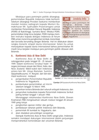 Bab 3 Usaha Perjuangan Mempertahankan Kemerdekaan Indonesia        55
     Meskipun para pemimpin politik ditangkap,
pemerintahan Republik Indonesia tidak berhenti.         Jeli    Jendela Info
Sebelum ditangkap Presiden Soekarno memberikan Meskipun para pemimpin RI
mandat melalui radiogram kepada Menteri Ke- ditangkap, Belanda tidak
makmuran Mr. Syafruddin Prawiranegara untuk menangkap Sri Sultan Hamengku
membentuk Pemerintahan Darurat Republik Indonesia Buwono IX karena Belanda
                                                     khawatir apabila Sri Sultan
(PDRI) di Bukittinggi, Sumatra Barat. Melalui PDRI, Hamengku Buwono IX ditangkap
pemerintahan tetap terus berjalan. PDRI mampu mem- akan membangkitkan perlawanan
beri instruksi kepada delegasi Indonesia di forum rakyat Yogyakarta.
PBB untuk menerima penghentian tembak-menembak
dan bersedia berunding dengan Belanda. Hal ini dilakukan dalam
rangka menarik simpati dunia internasional. Selain itu untuk
menunjukkan kepada dunia internasional bahwa pemerintahan RI
masih terus berjalan meskipun para pemimpin politik ditawan oleh
Belanda.

6 . Konferensi Asia di New Delhi
     Konferensi Asia di New Delhi di
selenggarakan pada tanggal 20 - 25 Januari
1949. Dalam konferensi tersebut hadir 19
negara termasuk utusan dari Mesir, Italia, dan
New Zealand. Wakil-wakil dari Indonesia
antara lain Mr. Utoyo Ramelan, Sumitro
Djoyohadikusumo, H. Rosyidi, dan lain-lain.
Hasil konferensi meliputi:
                                                Sumber: 30 Tahun Indonesia Merdeka Edisi 1945-1949,
a. pengembalian Pemerintahan Republik                                                         1981
     Indonesia ke Yogyakarta,                  Gambar 3.9 Suasana Konferensi New Delhi.
b. pembentukan pemerintahan ad interim
     sebelum tanggal 15 Maret 1949,
c. penarikan tentara Belanda dari seluruh wilayah Indonesia, dan
d. penyerahan kedaulatan kepada Pemerintah Indonesia Serikat
     paling lambat tanggal 1 Januari 1950.
     Menanggapi rekomendasi Konferensi New Delhi, Dewan
Keamanan PBB mengeluarkan sebuah resolusi tanggal 28 Januari
1949 yang isinya:
a. penghentian operasi militer dan gerilya,
b. pembebasan tahanan politik Indonesia oleh Belanda,
c. pemerintah RI kembali ke Yogyakarta, dan
d. akan diadakan perundingan secepatnya.
     Dampak Konferensi Asia di New Delhi sangat jelas. Indonesia
semakin mendapat dukungan internasional dalam perjuangan
mempertahankan kemerdekaan dari ancaman Belanda.
 