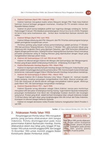Bab 4 Peristiwa-Peristiwa Politik dan Ekonomi Indonesia Pasca Pengakuan Kedaulatan         69

   b. Kabinet Sukiman (April 1951- Februari 1952)
        Kabinet Sukiman merupakan koalisi antara Masyumi dengan PNI. Pada masa Kabinet
   Sukiman muncul berbagai gangguan keamanan, misalnya DI/TII semakin meluas dan
   Republik Maluku Selatan.
        Kabinet ini jatuh karena kebijakan politik luar negerinya diangap condong ke Serikat.
   Pada tanggal 15 Januari 1952 diadakan penandatanganan Mutual Security Act (MSA). Perjanjian
   ini berisi kerja sama keamananan dan Serikat akan memberikan bantuan ekonomi dan
   militer.
   c. Kabinet Wilopo (April 1952- Juni 1953)
        Kabinet Wilopo didukung oleh PNI, Masyumi, dan PSI. Prioritas utama program kerjanya
   adalah peningkatan kesejahteraan umum.
        Peristiwa penting yang terjadi semasa pemerintahannya adalah peristiwa 17 Oktober
   1952 dan peristiwa Tanjung Morawa. Peristiwa 17 Oktober 1952, yaitu tuntutan rakyat yang
   didukung oleh Angkatan Darat yang dipimpin Nasution, agar DPR Sementara dibubarkan
   diganti dengan parlemen baru. Sedang Peristiwa Tanjung Morawa (Sumatra Timur) mencakup
   persoalan perkebunan asing di Tanjung Morawa yang diperebutkan dengan rakyat yang
   mengakibatkan beberapa petani tewas.
   d. Kabinet Ali Sastroamijoyo I (31 Juli 1953-24 Juli 1955)
        Kabinet ini dikenal dengan Kabinet Ali Wongso (Ali Sastroamijoyo dan Wongsonegoro).
   Prestasi yang dicapai adalah terlaksananya Konferensi di Bandung 18-24 April 1955.
   e. Kabinet Burhanudin Harahap (Agustus 1955 – Maret 1956)
        Kabinet ini dipimpin oleh Burhanudin Harahap dengan inti Masyumi. Keberhasilan yang
   diraih adalah menyelenggarakan pemilu pertama tahun 1955. Karena terjadi mutasi di beberapa
   kementerian, maka pada tanggal 3 Maret 1956 Burhanudin Harahap menyerahkan mandatnya.
   f. Kabinet Ali Sastroamijoyo II (Maret 1956 – Maret 1957)
        Program Kabinet Ali II disebut Rencana Lima Tahun. Program ini memuat masalah
   jangka panjang, misalnya perjuangan mengembalikan Irian Barat. Muncul semangat anti-
   Cina dan kekacauan di daerah-daerah sehingga menyebabkan kabinet goyah. Akhirnya
   pada Maret 1957, Ali Sastroamijoyo menyerahkan mandatnya.
   g. Kabinet Djuanda (Maret 1957 – April 1959)
        Kabinet Djuanda sering dikatakan sebagai Zaken Kabinet, karena para menterinya
   merupakan ahli dan pakar di bidangnya masing-masing. Tugas Kabinet Djuanda melanjutkan
   perjuangan membebaskan Irian Barat dan menghadapi keadaan ekonomi dan keuangan
   yang buruk. Prestasi yang diraih adalah berhasil menetapkan lebar wilayah Indonesia menjadi
   12 mil laut diukur dari garis dasar yang menghubungkan titik-titik terluar dari Pulau Indonesia.
   Ketetapan ini dikenal sebagai Deklarasi Djuanda.
        Kabinet ini menjadi demisioner ketika Presiden Soekarno mengeluarkan Dekrit Presiden 5
   Juli 1959.

                                                    Sumber: 30 Tahun Indonesia Merdeka Edisi 1950-1964, 1981

                Pemilu Tahun 1955
2 . Pelaksanaan Pemilu Tahun 1955
     Penyelenggaraan Pemilu tahun 1955 merupakan                       Jeli        Jendela Info
pemilu yang pertama dilaksanakan oleh bangsa
Indonesia. Pemilu diselenggarakan pada masa                         Sejak tahun 1999, pemilu dilaksana-
                                                                    kan dengan sistem multipartai
pemerintahan Kabinet Burhanudin Harahap. Pemilu                     dengan jumlah peserta 48 partai
dilaksanakan dalam dua tahap yaitu tanggal 29 Sep-                  politik. Sedangkan pada pemilu
tember 1955 untuk memilih anggota DPR, dan tanggal                  tahun 2004, peserta pemilu
15 Desember 1955 untuk memilih anggota Badan                        sebanyak 24 partai politik.
Konstituante (Badan Pembentuk UUD).
 