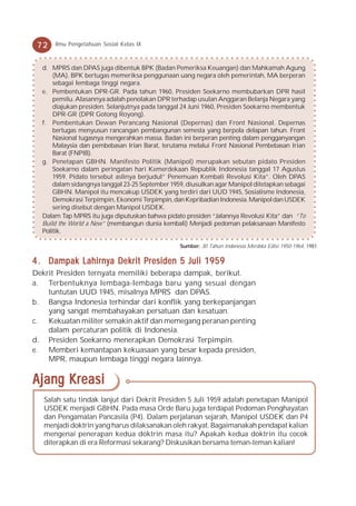 72   Ilmu Pengetahuan Sosial Kelas IX



  d. MPRS dan DPAS juga dibentuk BPK (Badan Pemeriksa Keuangan) dan Mahkamah Agung
      (MA). BPK bertugas memeriksa penggunaan uang negara oleh pemerintah, MA berperan
      sebagai lembaga tinggi negara.
  e. Pembentukan DPR-GR. Pada tahun 1960, Presiden Soekarno membubarkan DPR hasil
      pemilu. Alasannya adalah penolakan DPR terhadap usulan Anggaran Belanja Negara yang
      diajukan presiden. Selanjutnya pada tanggal 24 Juni 1960, Presiden Soekarno membentuk
      DPR-GR (DPR Gotong Royong).
  f. Pembentukan Dewan Perancang Nasional (Depernas) dan Front Nasional. Depernas
      bertugas menyusun rancangan pembangunan semesta yang berpola delapan tahun. Front
      Nasional tugasnya mengerahkan massa. Badan ini berperan penting dalam pengganyangan
      Malaysia dan pembebasan Irian Barat, terutama melalui Front Nasional Pembebasan Irian
      Barat (FNPIB).
  g. Penetapan GBHN. Manifesto Politik (Manipol) merupakan sebutan pidato Presiden
      Soekarno dalam peringatan hari Kemerdekaan Republik Indonesia tanggal 17 Agustus
      1959. Pidato tersebut aslinya berjudul” Penemuan Kembali Revolusi Kita”. Oleh DPAS
      dalam sidangnya tanggal 23-25 September 1959, diusulkan agar Manipol ditetapkan sebagai
      GBHN. Manipol itu mencakup USDEK yang terdiri dari UUD 1945, Sosialisme Indonesia,
      Demokrasi Terpimpin, Ekonomi Terpimpin, dan Kepribadian Indonesia. Manipol dan USDEK
      sering disebut dengan Manipol USDEK.
  Dalam Tap MPRS itu juga diputuskan bahwa pidato presiden “Jalannya Revolusi Kita” dan “To
  Build the World a New” (membangun dunia kembali) Menjadi pedoman pelaksanaan Manifesto
  Politik.

                                                 Sumber: 30 Tahun Indonesia Merdeka Edisi 1950-1964, 1981

4 . Dampak Lahirnya Dekrit Presiden 5 Juli 1959
Dekrit Presiden ternyata memiliki beberapa dampak, berikut.
a. Terbentuknya lembaga-lembaga baru yang sesuai dengan
    tuntutan UUD 1945, misalnya MPRS dan DPAS.
b. Bangsa Indonesia terhindar dari konflik yang berkepanjangan
    yang sangat membahayakan persatuan dan kesatuan.
c. Kekuatan militer semakin aktif dan memegang peranan penting
    dalam percaturan politik di Indonesia.
d. Presiden Soekarno menerapkan Demokrasi Terpimpin.
e. Memberi kemantapan kekuasaan yang besar kepada presiden,
    MPR, maupun lembaga tinggi negara lainnya.


Ajang Kreasi
   Salah satu tindak lanjut dari Dekrit Presiden 5 Juli 1959 adalah penetapan Manipol
   USDEK menjadi GBHN. Pada masa Orde Baru juga terdapat Pedoman Penghayatan
   dan Pengamalan Pancasila (P4). Dalam perjalanan sejarah, Manipol USDEK dan P4
   menjadi doktrin yang harus dilaksanakan oleh rakyat. Bagaimanakah pendapat kalian
   mengenai penerapan kedua doktrin masa itu? Apakah kedua doktrin itu cocok
   diterapkan di era Reformasi sekarang? Diskusikan bersama teman-teman kalian!
 