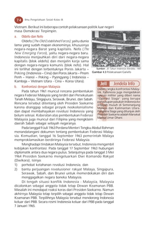 74    Ilmu Pengetahuan Sosial Kelas IX

Vietnam. Berikut ini beberapa contoh pelaksanaan politik luar negeri
masa Demokrasi Terpimpin.
a.    Oldefo dan Nefo
      Oldefo (The Old Established Forces), yaitu dunia
lama yang sudah mapan ekonominya, khususnya
negara-negara Barat yang kapitalis. Nefo (The
New Emerging Forces), yaitu negara-negara baru.
Indonesia menjauhkan diri dari negara-negara
kapitalis (blok oldefo) dan menjalin kerja sama
dengan negara-negara komunis (blok nefo). Hal
ini terlihat dengan terbentuknya Poros Jakarta –            Sumber: 30 Tahun Indonesia Merdeka, 1981

Peking (Indonesia – Cina) dan Poros Jakarta – Pnom       Gambar 4.3 Pelaksanaan Ganefo
Penh – Hanoi – Peking – Pyongyang ( Indonesia –
Kamboja – Vietnam Utara - Cina – Korea Utara).
                                                               Jeli        Jendela Info
b.   Konfrontasi dengan Malaysia
                                                         Dalam rangka konfrontasi Malay-
     Pada tahun 1961 muncul rencana pembentukan sia, Indonesia juga mengadakan
negara Federasi Malaysia yang terdiri dari Persekutuan operasi militer yang diberi nama
Tanah Melayu, Singapura, Serawak, Brunei, dan Sabah. “Operasi Siaga” yang berupa
Rencana tersebut ditentang oleh Presiden Soekarno penyusupan pasukan Indonesia ke
                                                         wilayah musuh di Semenanjung
karena dianggap sebagai proyek neokolonialisme Malaya dan Kalimantan Utara.
dan dapat membahayakan revolusi Indonesia yang Panglima Siaga yang ditunjuk oleh
belum selesai. Keberatan atas pembentukan Federasi Presiden Soekarno adalah Marsekal
                                                         Madya Umar Dhani.
Malaysia juga muncul dari Filipina yang mengklaim
daerah Sabah sebagai wilayah negaranya.
     Pada tanggal 9 Juli 1963 Perdana Menteri Tengku Abdul Rahman
menandatangani dokumen tentang pembentukan Federasi Malay-
sia. Kemudian, tanggal 16 September 1963 pemerintah Malaya
memproklamasikan berdirinya Federasi Malaysia.
     Menghadapi tindakan Malaysia tersebut, Indonesia mengambil
kebijakan konfrontasi. Pada tanggal 17 September 1963 hubungan
diplomatik antara dua negara putus. Selanjutnya pada tanggal 3 Mei
1964 Presiden Soekarno mengeluarkan Dwi Komando Rakyat
(Dwikora), isinya:
1) perhebat ketahanan revolusi Indonesia, dan
2) bantu perjuangan revolusioner rakyat Malaya, Singapura,
     Serawak, Sabah, dan Brunei untuk memerdekakan diri dan
     menggagalkan negara boneka Malaysia.
     Di tengah situasi konflik Indonesia - Malaysia, Malaysia
dicalonkan sebagai anggota tidak tetap Dewan Keamanan PBB.
Masalah ini mendapat reaksi keras dari Presiden Soekarno. Namun
akhirnya Malaysia tetap terpilih sebagai anggota tidak tetap Dewan
Keamanan PBB. Terpilihnya Malaysia tersebut mendorong Indonesia
keluar dari PBB. Secara resmi Indonesia keluar dari PBB pada tanggal
7 Januari 1965.
 