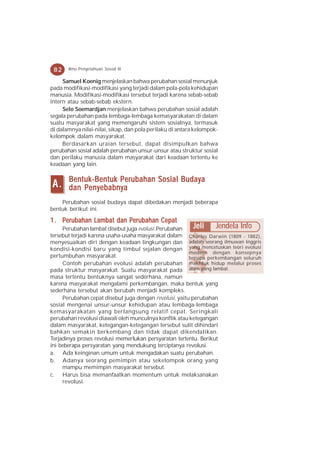 82    Ilmu Pengetahuan Sosial IX

     Samuel Koenig menjelaskan bahwa perubahan sosial menunjuk
pada modifikasi-modifikasi yang terjadi dalam pola-pola kehidupan
manusia. Modifikasi-modifikasi tersebut terjadi karena sebab-sebab
intern atau sebab-sebab ekstern.
     Selo Soemardjan menjelaskan bahwa perubahan sosial adalah
segala perubahan pada lembaga-lembaga kemasyarakatan di dalam
suatu masyarakat yang memengaruhi sistem sosialnya, termasuk
di dalamnya nilai-nilai, sikap, dan pola perilaku di antara kelompok-
kelompok dalam masyarakat.
     Berdasarkan uraian tersebut, dapat disimpulkan bahwa
perubahan sosial adalah perubahan unsur-unsur atau struktur sosial
dan perilaku manusia dalam masyarakat dari keadaan tertentu ke
keadaan yang lain.

       Bentuk-Bentuk Perubahan Sosial Budaya
A.     dan Penyebabnya
    Perubahan sosial budaya dapat dibedakan menjadi beberapa
bentuk berikut ini.

1 . Perubahan Lambat dan Perubahan Cepat
     Perubahan lambat disebut juga evolusi. Perubahan     Jeli Jendela Info
tersebut terjadi karena usaha-usaha masyarakat dalam Charles Darwin (1809 - 1882),
menyesuaikan diri dengan keadaan lingkungan dan adalah seorang ilmuwan Inggris
kondisi-kondisi baru yang timbul sejalan dengan yang mencetuskan teori evolusi
                                                        modern dengan konsepnya
pertumbuhan masyarakat.                                 berupa perkembangan seluruh
     Contoh perubahan evolusi adalah perubahan makhluk hidup melalui proses
pada struktur masyarakat. Suatu masyarakat pada alam yang lambat.
masa tertentu bentuknya sangat sederhana, namun
karena masyarakat mengalami perkembangan, maka bentuk yang
sederhana tersebut akan berubah menjadi kompleks.
     Perubahan cepat disebut juga dengan revolusi, yaitu perubahan
sosial mengenai unsur-unsur kehidupan atau lembaga-lembaga
kemasyarakatan yang berlangsung relatif cepat. Seringkali
perubahan revolusi diawali oleh munculnya konflik atau ketegangan
dalam masyarakat, ketegangan-ketegangan tersebut sulit dihindari
bahkan semakin berkembang dan tidak dapat dikendalikan.
Terjadinya proses revolusi memerlukan persyaratan tertentu. Berikut
ini beberapa persyaratan yang mendukung terciptanya revolusi.
a. Ada keinginan umum untuk mengadakan suatu perubahan.
b. Adanya seorang pemimpin atau sekelompok orang yang
     mampu memimpin masyarakat tersebut.
c. Harus bisa memanfaatkan momentum untuk melaksanakan
     revolusi.
 