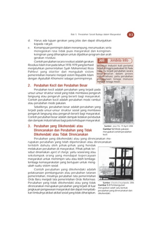 Bab 5 Perubahan Sosial Budaya dalam Masyarakat           83
d.  Harus ada tujuan gerakan yang jelas dan dapat ditunjukkan
    kepada rakyat.
e. Kemampuan pemimpin dalam menampung, merumuskan, serta
    menegaskan rasa tidak puas masyarakat dan keinginan-
    keinginan yang diharapkan untuk dijadikan program dan arah
    gerakan revolusi.
    Contoh perubahan secara revolusi adalah gerakan      Jeli Jendela Info
Revolusi Islam Iran pada tahun 1978-1979 yang berhasil Revolusi industri kali pertama
menjatuhkan pemerintahan Syah Mohammad Reza terjadi di Inggris pada abad 18. Pada
Pahlevi yang otoriter dan mengubah sistem masa itu terjadi perubahan secara
                                                       besar-besaran dalam proses
pemerintahan monarki menjadi sistem Republik Islam industrialisasi, yaitu perubahan
dengan Ayatullah Khomeini sebagai pemimpinnya.         penggunaan tenaga manusia
                                                              menjadi tenaga mesin.
2 . Perubahan Kecil dan Perubahan Besar
     Perubahan kecil adalah perubahan yang terjadi pada
unsur-unsur struktur sosial yang tidak membawa pengaruh
langsung atau pengaruh yang berarti bagi masyarakat.
Contoh perubahan kecil adalah perubahan mode rambut
atau perubahan mode pakaian.
     Sebaliknya, perubahan besar adalah perubahan yang
terjadi pada unsur-unsur struktur sosial yang membawa
pengaruh langsung atau pengaruh berarti bagi masyarakat.
Contoh perubahan besar adalah dampak ledakan penduduk
dan dampak industrialisasi bagi pola kehidupan masyarakat.

3 . Perubahan yang Dikehendaki atau                                  Sumber: Jawa Pos, 19 April 2008
                                                                   Gambar 5.2 Mode pakaian
    Direncanakan dan Perubahan yang Tidak                          merupakan contoh perubahan
    Dikehendaki atau Tidak Direncanakan                            kecil.
     Perubahan yang dikehendaki atau yang direncanakan me-
rupakan perubahan yang telah diperkirakan atau direncanakan
terlebih dahulu oleh pihak-pihak yang hendak
melakukan perubahan di masyarakat. Pihak-pihak ter-
sebut dinamakan agent of change, yaitu seseorang atau
sekelompok orang yang mendapat kepercayaan
masyarakat untuk memimpin satu atau lebih lembaga-
lembaga kemasyarakatan yang bertujuan untuk meng-
ubah suatu sistem sosial.
     Contoh perubahan yang dikehendaki adalah
pelaksanaan pembangunan atau perubahan tatanan
pemerintahan, misalnya perubahan tata pemerintahan
Orde Baru menjadi tata pemerintahan Orde Reformasi.
Perubahan yang tidak dikehendaki atau yang tidak              Sumber: Encarta Encyclopedia, 2006
                                                          Gambar 5.3 Pembangunan
direncanakan merupakan perubahan yang terjadi di luar
                                                          merupakan salah satu bentuk
jangkauan pengawasan masyarakat dan dapat menyebab- perubahan yang direncanakan dan
kan timbulnya akibat-akibat sosial yang tidak diharapkan. dikehendaki.
 