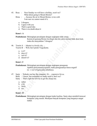 Panduan Materi Bahasa Inggris SMP/MTs

Rosa

:

Rima :
a.
b.
c.
d.

Next Sunday we will have a holiday, won't we?
What about going to Mount Bromo?
... because the air in Mount Bromo, is too cold.
I am sure we cannot stand of it.

I disagree
I agree with you
That's a good idea
There is no doubt about it

an

45.

Kunci : A

is it?
does it?
isn't it?
doesn't it?

al

a.
b.
c.
d.

be

Tourist A : Jakarta is a lovely city, ...
Tourist B : Well, but I prefer Yogyakarta.

rju

46.

lik

Pembahasan: Melengkapi percakapan dengan ungkapan tidak setuju.
Karena di gunung Bromo itu dingin dan dia yakin merasa tidak akan kuat,
maka dia menyatakan ‘I disagree’

Kunci : C

Santy : Nobody can buy the computer. It's ... expensive for us.
Bella : I know, but remember we badly need it, don't we?
Santy : That's right but let's try to get the cheap one.

di

47.

pe

Pembahasan: Melengkapi percakapan dengan ungkapan penegasan.
Apabila pernyataannya positif, maka penegasannya harus negatif
(is → isn’t) begitu pula sebaliknya.

rather
a bit
fairly
too

da
k

a.
b.
c.
d.

Ti

Kunci : D

Pembahasan: Melengkapi percakapan dengan kadar kualitas. Santy akan membeli/mencari
komputer yang murah. Meskipun banyak komputer yang harganya sangat
mahal.

DEPDIKNAS

Hak Cipta pada Pusat Penilaian Pendidikan

35

 