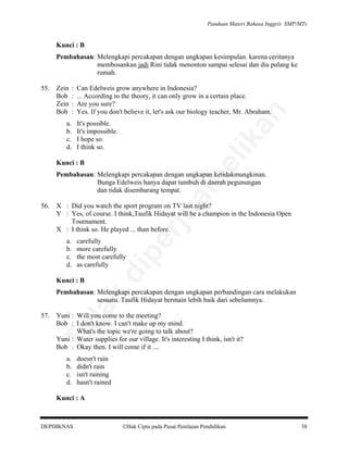 Panduan Materi Bahasa Inggris SMP/MTs

Kunci : B
Pembahasan: Melengkapi percakapan dengan ungkapan kesimpulan. karena ceritanya
membosankan jadi Rini tidak menonton sampai selesai dan dia pulang ke
rumah.
:
:
:
:

a.
b.
c.
d.

Can Edelweis grow anywhere in Indonesia?
... According to the theory, it can only grow in a certain place.
Are you sure?
Yes. If you don't believe it, let's ask our biology teacher, Mr. Abraham.

an

Zein
Bob
Zein
Bob

It's possible.
It's impossible.
I hope so.
I think so.

lik

55.

be

Kunci : B

carefully
more carefully
the most carefully
as carefully

Kunci : B

pe

a.
b.
c.
d.

rju

X : Did you watch the sport program on TV last night?
Y : Yes, of course. I think,Taufik Hidayat will be a champion in the Indonesia Open
Tournament.
X : I think so. He played ... than before.

di

56.

al

Pembahasan: Melengkapi percakapan dengan ungkapan ketidakmungkinan.
Bunga Edelweis hanya dapat tumbuh di daerah pegunungan
dan tidak disembarang tempat.

Yuni : Will you come to the meeting?
Bob : I don't know. I can't make up my mind.
What's the topic we're going to talk about?
Yuni : Water supplies for our village. It's interesting I think, isn't it?
Bob : Okay then. I will come if it ....

Ti

57.

da
k

Pembahasan: Melengkapi percakapan dengan ungkapan perbandingan cara melakukan
sesuatu. Taufik Hidayat bermain lebih baik dari sebelumnya.

a.
b.
c.
d.

doesn't rain
didn't rain
isn't raining
hasn't rained

Kunci : A

DEPDIKNAS

Hak Cipta pada Pusat Penilaian Pendidikan

38

 