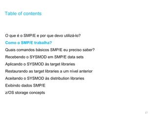 17
Table of contents
O que é o SMP/E e por que devo utilizá-lo?
Como o SMP/E trabalha?
Quais comandos básicos SMP/E eu preciso saber?
Recebendo o SYSMOD em SMP/E data sets
Aplicando o SYSMOD às target libraries
Restaurando as target libraries a um nível anterior
Aceitando o SYSMOD às distribution libraries
Exibindo dados SMP/E
z/OS storage concepts
 