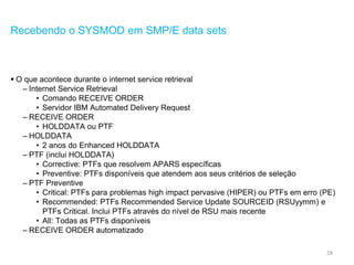 28
Recebendo o SYSMOD em SMP/E data sets
 O que acontece durante o internet service retrieval
– Internet Service Retrieval
• Comando RECEIVE ORDER
• Servidor IBM Automated Delivery Request
– RECEIVE ORDER
• HOLDDATA ou PTF
– HOLDDATA
• 2 anos do Enhanced HOLDDATA
– PTF (inclui HOLDDATA)
• Corrective: PTFs que resolvem APARS específicas
• Preventive: PTFs disponíveis que atendem aos seus critérios de seleção
– PTF Preventive
• Critical: PTFs para problemas high impact pervasive (HIPER) ou PTFs em erro (PE)
• Recommended: PTFs Recommended Service Update SOURCEID (RSUyymm) e
PTFs Critical. Inclui PTFs através do nível de RSU mais recente
• All: Todas as PTFs disponíveis
– RECEIVE ORDER automatizado
 
