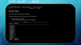 SMPE QUERY - LMOD
Oct 22, 2019 Page 44
CSI CROSS-ZONE QUERY - ENTRY SELECTION Row 1 to 13 of 13
===> SCROLL ===> PAGE
Entry Type: LMOD
Entry Name: IEBCOPY
To return to the previous panel, enter END .
To select an entry from a zone, enter S next to the zone.
* - Entry not found in zone.
** - Zone could not be allocated or is not initialized.
-------------------- Status -----------------------------------
ZONE LASTUPD
-------- -------- -------- -------- -------- -------- -------- --------
CSQ701D *
CSQ701T *
CSQ710D *
CSQ710T *
CSQ800D *
CSQ800T *
CSQ901D *
CSQ901T *
CSQ911D **
CSQ911T **
GLOBAL *
MVSD HDZ2230
MVST HDZ2230
 