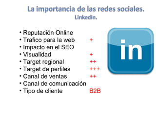 • Reputación Online
• Trafico para la web     +
• Impacto en el SEO
• Visualidad              +
• Target regional         ++
• Target de perfiles      +++
• Canal de ventas         ++
• Canal de comunicación
• Tipo de cliente         B2B
 