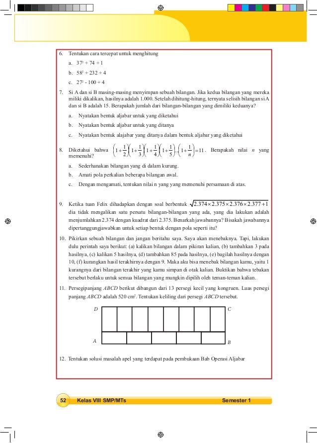 Ringkasan materi matematika smp kelas 8 semester 1