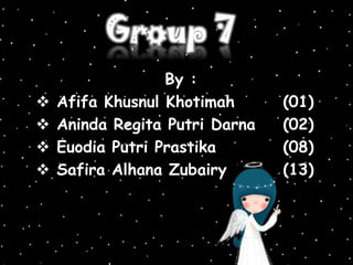 By :
❖ Afifa Khusnul Khotimah (01)
❖ Aninda Regita Putri Darna (02)
❖ Euodia Putri Prastika (08)
❖ Safira Alhana Zubairy (13)
 