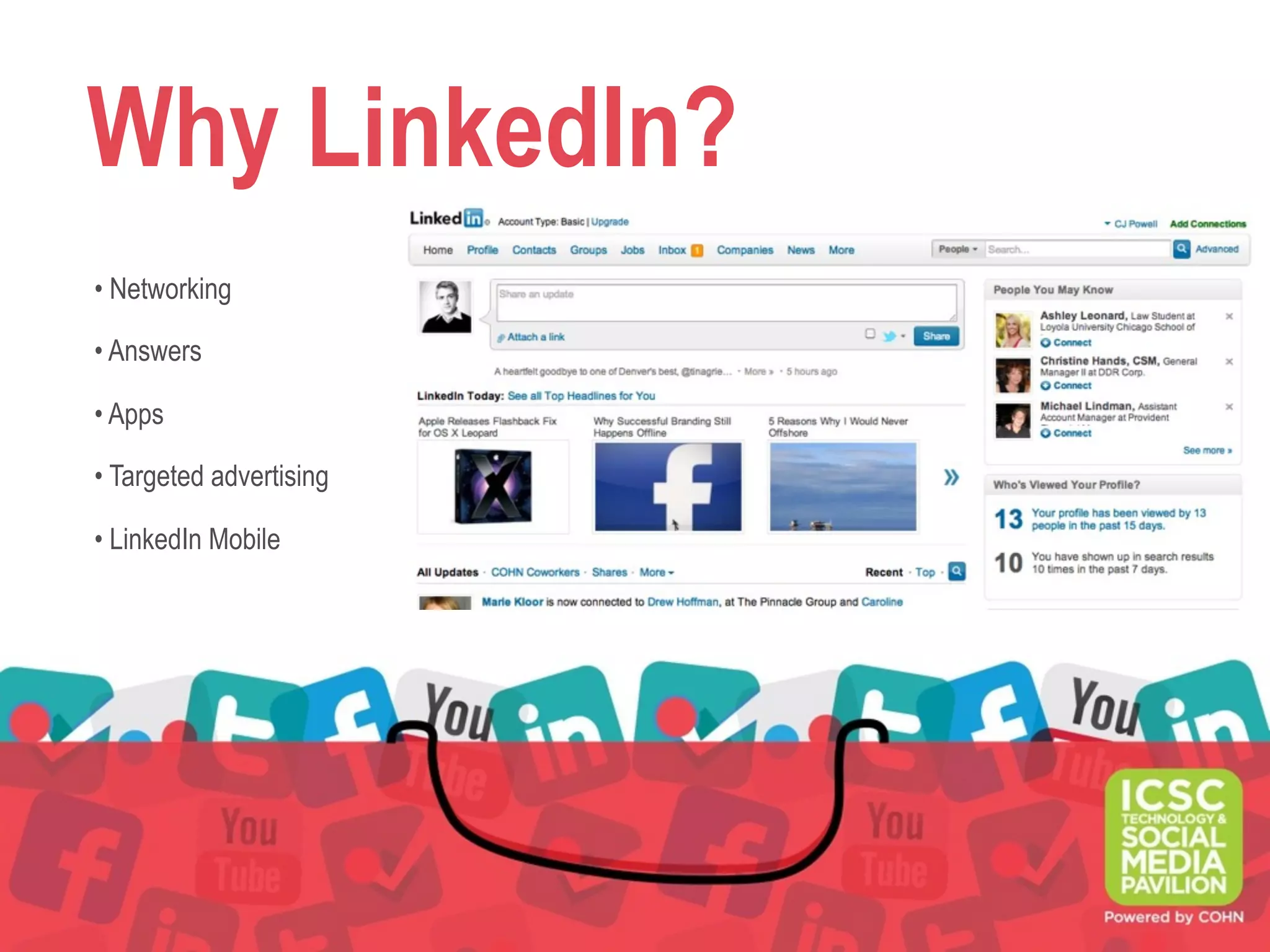 Why LinkedIn?
• Networking
• Answers
• Apps
• Targeted advertising
• LinkedIn Mobile