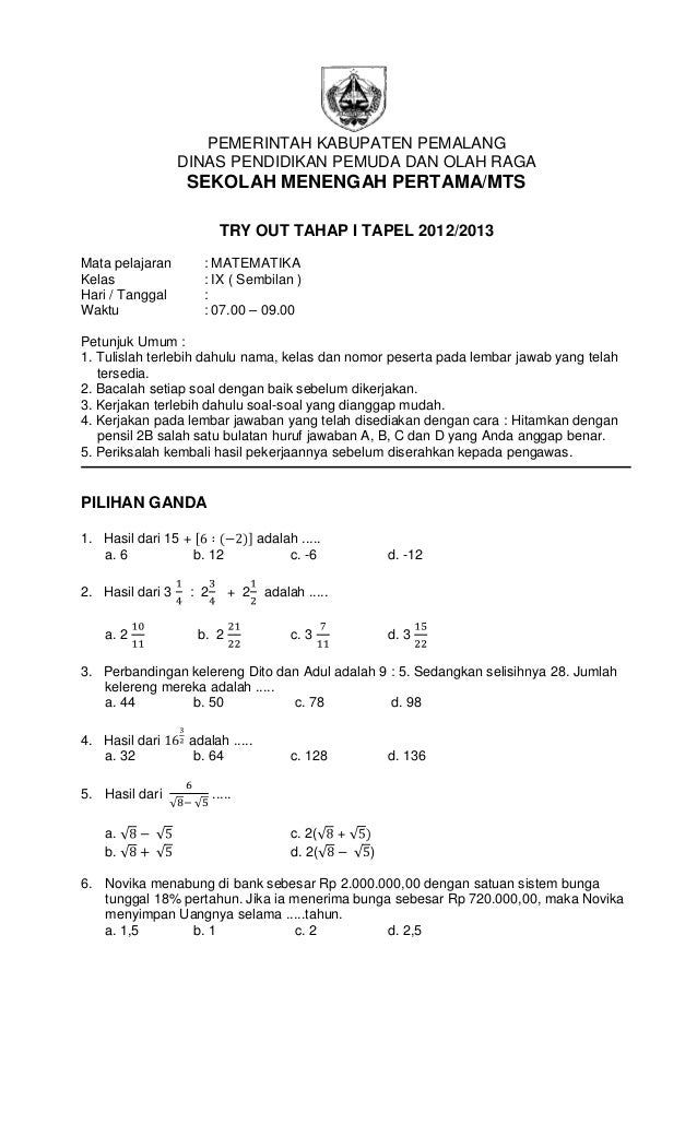 Latihan soal Matematika UN 2013 Paket 1