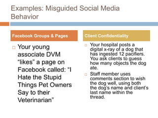 Examples: Misguided Social Media
Behavior
 Your young
associate DVM
“likes” a page on
Facebook called: “I
Hate the Stupid
Things Pet Owners
Say to their
Veterinarian”
 Your hospital posts a
digital x-ray of a dog that
has ingested 12 pacifiers.
You ask clients to guess
how many objects the dog
ate.
 Staff member uses
comments section to wish
the dog well, using both
the dog’s name and client’s
last name within the
thread.
Facebook Groups & Pages Client Confidentiality
 