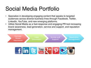 Social Media Portfolio!
•  Specialize in developing engaging content that speaks to targeted
audiences across diverse business lines through Facebook, Twitter,
LinkedIn, YouTube, and new emerging platforms.!
•  Utilize Social Media as a fast-response and engaging PR tool increasing
brand awareness, lead generation, service and support, and reputation
management.	
  
Increase	
  
Brand	
  
Awareness	
  

Lead	
  
Genera/on	
  

Service	
  and	
  
Support	
  

Reputa/on	
  
Management	
  

 