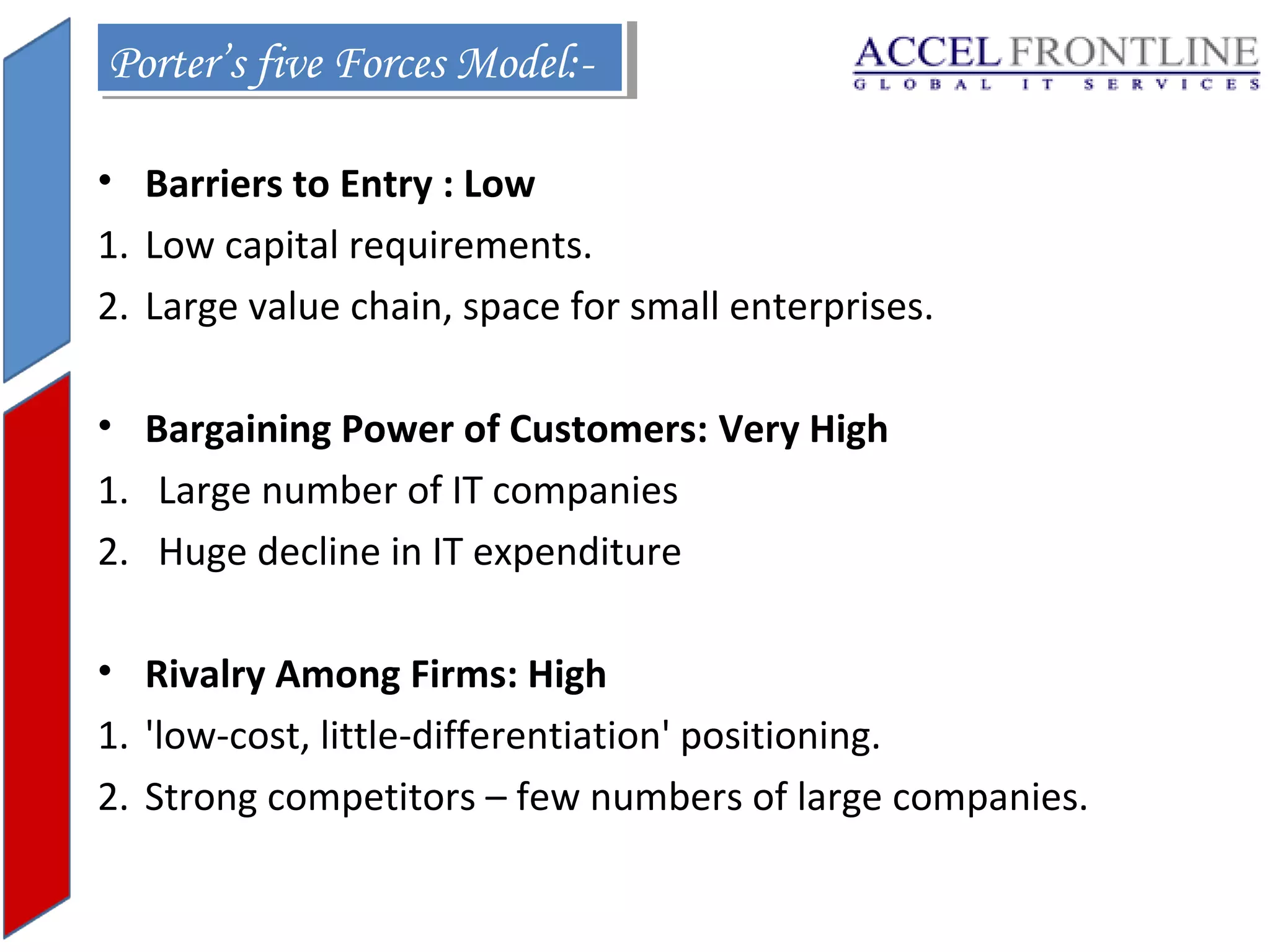 Porter’s five Forces Model:Porter’s five Forces Model:• Barriers to Entry : Low
1. Low capital requirements.
2. Large value chain, space for small enterprises.
• Bargaining Power of Customers: Very High
1. Large number of IT companies
2. Huge decline in IT expenditure
• Rivalry Among Firms: High
1. 'low-cost, little-differentiation' positioning.
2. Strong competitors – few numbers of large companies.

 