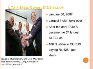 1. TATA STEEL-CORUS: $12.2 BILLION 
 January 30, 2007 
 Largest Indian take-over 
 After the deal TATA’S 
became the 5th largest 
STEEL co. 
 100 % stake in CORUS 
paying Rs 428/- per 
share 
Image: B Mutharaman, Tata Steel MD; Ratan 
Tata, Tata chairman; J Leng, Corus chair; 
and P Varin, Corus CEO. 
 