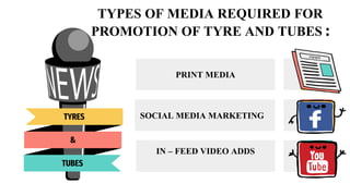 TYPES OF MEDIA REQUIRED FOR
PROMOTION OF TYRE AND TUBES :
TYRES
&
TUBES
ELECTRONIC AND NEW
MEDIA
WINDOW DISPLAY
OUTDOOR AD...