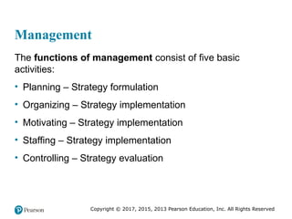 Copyright © 2017, 2015, 2013 Pearson Education, Inc. All Rights Reserved
Management
The functions of management consist of five basic
activities:
• Planning – Strategy formulation
• Organizing – Strategy implementation
• Motivating – Strategy implementation
• Staffing – Strategy implementation
• Controlling – Strategy evaluation
 