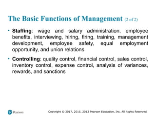 Copyright © 2017, 2015, 2013 Pearson Education, Inc. All Rights Reserved
The Basic Functions of Management (2 of 2)
• Staffing: wage and salary administration, employee
benefits, interviewing, hiring, firing, training, management
development, employee safety, equal employment
opportunity, and union relations
• Controlling: quality control, financial control, sales control,
inventory control, expense control, analysis of variances,
rewards, and sanctions
 