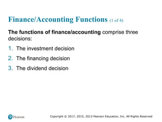 Copyright © 2017, 2015, 2013 Pearson Education, Inc. All Rights Reserved
Finance/Accounting Functions (1 of 4)
The functions of finance/accounting comprise three
decisions:
1. The investment decision
2. The financing decision
3. The dividend decision
 