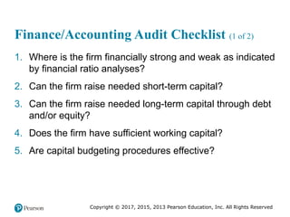 Copyright © 2017, 2015, 2013 Pearson Education, Inc. All Rights Reserved
Finance/Accounting Audit Checklist (1 of 2)
1. Where is the firm financially strong and weak as indicated
by financial ratio analyses?
2. Can the firm raise needed short-term capital?
3. Can the firm raise needed long-term capital through debt
and/or equity?
4. Does the firm have sufficient working capital?
5. Are capital budgeting procedures effective?
 
