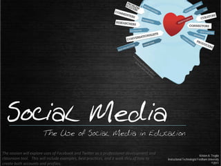 Social Media
                       The Use of Social Media in Education

The session will explore uses of Facebook and Twitter as a professional development and                                Kristen A. Treglia
classroom tool. This will include examples, best practices, and a walk thru of how to     Instructional Technologist Fordham University
create both accounts and profiles.                                                                                                ©2011
 