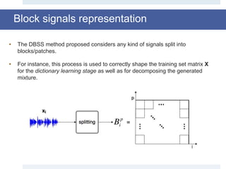 Block signals representation
• The DBSS method proposed considers any kind of signals split into
blocks/patches.
• For instance, this process is used to correctly shape the training set matrix X
for the dictionary learning stage as well as for decomposing the generated
mixture.
 
