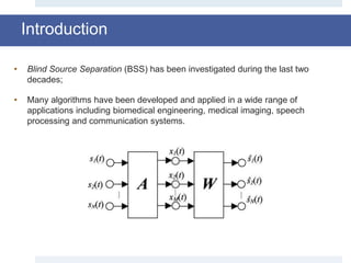 • Blind Source Separation (BSS) has been investigated during the last two
decades;
• Many algorithms have been developed and applied in a wide range of
applications including biomedical engineering, medical imaging, speech
processing and communication systems.
Introduction
 