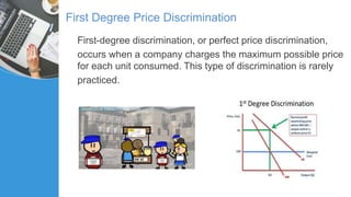 First Degree Price Discrimination
First-degree discrimination, or perfect price discrimination,
occurs when a company charges the maximum possible price
for each unit consumed. This type of discrimination is rarely
practiced.
 