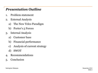 Presentation Outline
1.

Problem statement

2. External Analysis
a) The New Telco Paradigm
b) Porter’s 5 Forces

3. Internal Analysis
a) Customer base
b) Financial performance
c) Analysis of current strategy
d) SWOT
4. Recommendations
5. Conclusion
Nottingham Malaysia

December 2012
Slide 2

 