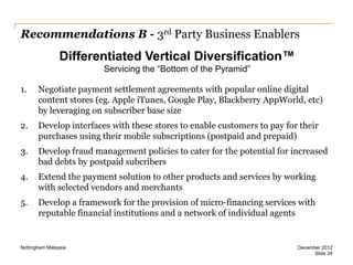 Recommendations B - 3rd Party Business Enablers

Differentiated Vertical Diversification™
Servicing the “Bottom of the Pyramid”
1.

Negotiate payment settlement agreements with popular online digital
content stores (eg. Apple iTunes, Google Play, Blackberry AppWorld, etc)
by leveraging on subscriber base size

2.

Develop interfaces with these stores to enable customers to pay for their
purchases using their mobile subscriptions (postpaid and prepaid)

3.

Develop fraud management policies to cater for the potential for increased
bad debts by postpaid subcribers

4.

Extend the payment solution to other products and services by working
with selected vendors and merchants

5.

Develop a framework for the provision of micro-financing services with
reputable financial institutions and a network of individual agents

Nottingham Malaysia

December 2012
Slide 24

 