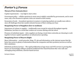Porter’s 5 Forces
Threat of New Entrants (low)
Capital requirements – very high to start a telco
Government policy – cellular spectrum in most cases is tightly controlled by governments, and in most
cases, only a few licenses to operate a telco are issued in each country
Economies of scale – Incumbent operators in mature or maturing markets are usually more able to
stave off challenges from late market entrants because of their existing user base
Bargaining Power of Suppliers (low to medium)
Importance of volume to supplier – traditionally none except for network throughput capacity
limitations, but there is a trend that vendors are revenue sharing with the telcos.
Presence of substitute inputs – telco suppliers are facing a trend where networks are choosing to work
together to lower capital expenditure on infrastructure spending
Bargaining Power of Buyers (high)
Buyer Information – social networks, blogs, TV ads and information on the internet means that the
buyer has access to plenty of information about the companies and their products/services as well as
their substitutes
Substitute products/services – The rapid proliferation of app stores and OTT services is proving that
buyers are increasingly willing to perform traditional telco-based functions like voice calls and
messaging using substitute, internet-based services
Nottingham Malaysia

July 2012
Slide 30

 