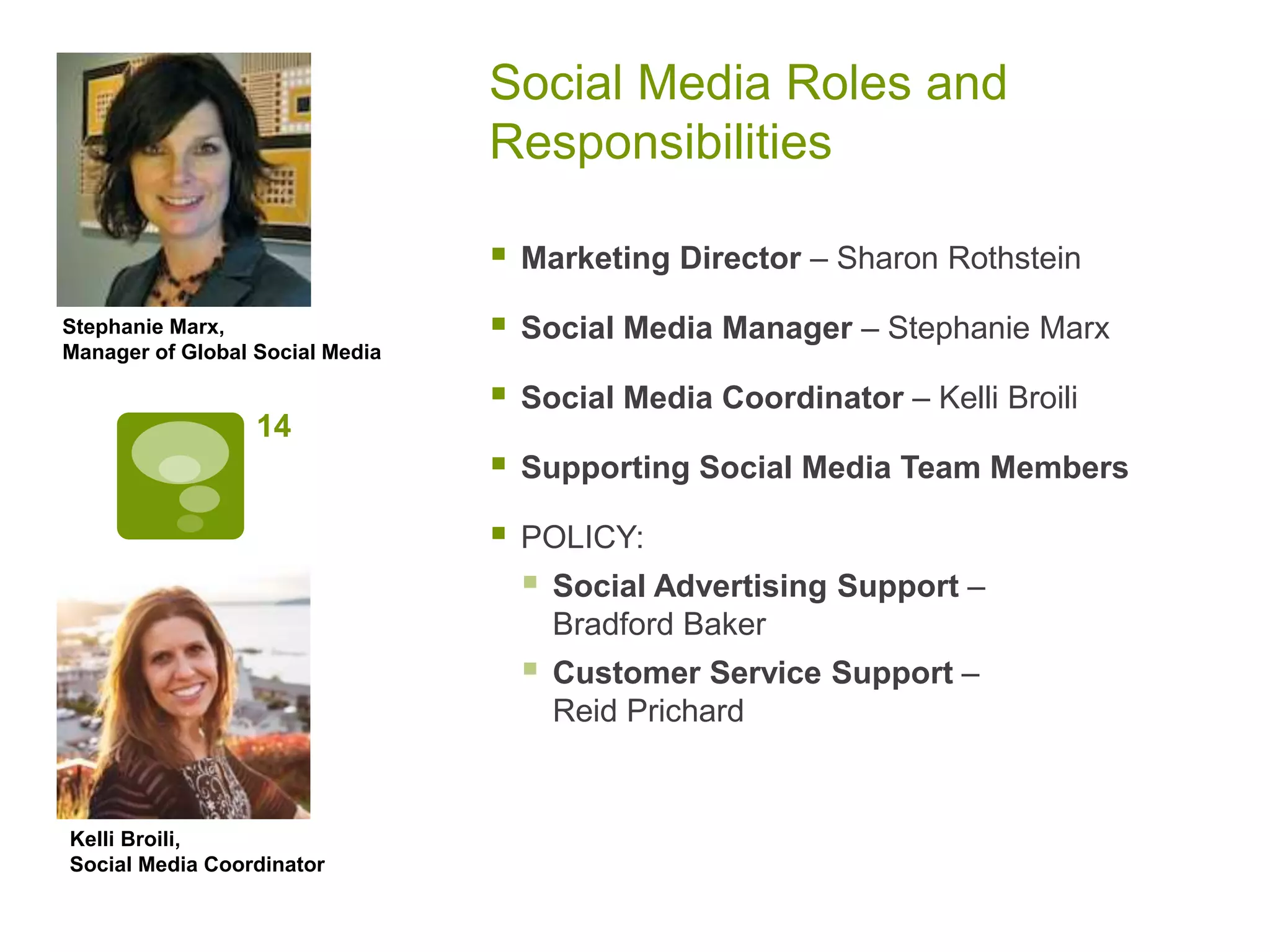 Social Media Roles and
Responsibilities
 Marketing Director – Sharon Rothstein
 Social Media Manager – Stephanie Marx
 Social Media Coordinator – Kelli Broili
 Supporting Social Media Team Members
 POLICY:
 Social Advertising Support –
Bradford Baker
 Customer Service Support –
Reid Prichard
14
Stephanie Marx,
Manager of Global Social Media
Kelli Broili,
Social Media Coordinator
 