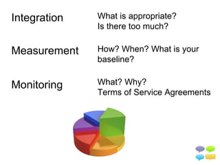 Integration   What is appropriate?
              Is there too much?

Measurement   How? When? What is your
              baseline?


Monitoring    What? Why?
              Terms of Service Agreements
 