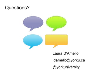Questions?




             Laura D’Amelio
             ldamelio@yorku.ca
             @yorkuniversity
 