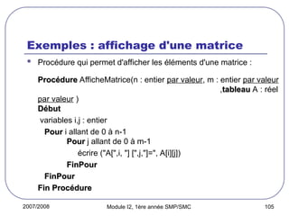 2007/2008 Module I2, 1ère année SMP/SMC 105
Exemples : affichage d'une matrice
 Procédure qui permet d'afficher les éléments d'une matrice :
Procédure
Procédure AfficheMatrice(n : entier par valeur, m : entier par valeur
,tableau
tableau A : réel
par valeur )
Début
Début
variables i,j : entier
Pour
Pour i allant de 0 à n-1
Pour
Pour j allant de 0 à m-1
écrire ("A[",i, "] [",j,"]=", A[i][j])
FinPour
FinPour
FinPour
FinPour
Fin Procédure
Fin Procédure
 