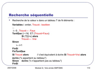 2007/2008 Module I2, 1ère année SMP/SMC 110
Recherche séquentielle
 Recherche de la valeur x dans un tableau T de N éléments :
Variables i: entier, Trouvé : booléen
…
i←0 , Trouvé ← Faux
TantQue (i < N) ET (Trouvé=Faux)
Si (T[i]=x) alors
Trouvé ← Vrai
Sinon
i←i+1
FinSi
FinTantQue
Si Trouvé alors // c'est équivalent à écrire Si Trouvé=Vrai alors
écrire ("x appartient au tableau")
Sinon écrire ("x n'appartient pas au tableau")
FinSi
 