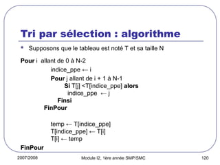 2007/2008 Module I2, 1ère année SMP/SMC 120
Tri par sélection : algorithme
 Supposons que le tableau est noté T et sa taille N
Pour
Pour i allant de 0 à N-2
indice_ppe ← i
Pour
Pour j allant de i + 1 à N-1
Si
Si T[j] <T[indice_ppe] alors
alors
indice_ppe ← j
Finsi
Finsi
FinPour
FinPour
temp ← T[indice_ppe]
T[indice_ppe] ← T[i]
T[i] ← temp
FinPour
FinPour
 