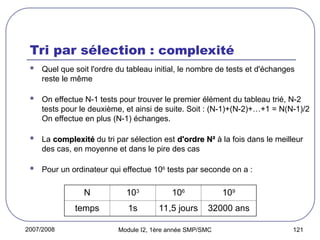 2007/2008 Module I2, 1ère année SMP/SMC 121
Tri par sélection : complexité
 Quel que soit l'ordre du tableau initial, le nombre de tests et d'échanges
reste le même
 On effectue N-1 tests pour trouver le premier élément du tableau trié, N-2
tests pour le deuxième, et ainsi de suite. Soit : (N-1)+(N-2)+…+1 = N(N-1)/2
On effectue en plus (N-1) échanges.
 La complexité
complexité du tri par sélection est d'ordre N²
d'ordre N² à la fois dans le meilleur
des cas, en moyenne et dans le pire des cas
 Pour un ordinateur qui effectue 106
tests par seconde on a :
N 103
106
109
temps 1s 11,5 jours 32000 ans
 
