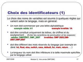 2007/2008 Module I2, 1ère année SMP/SMC 17
Choix des identificateurs (1)
Le choix des noms de variables est soumis à quelques règles qui
varient selon le langage, mais en général:
 Un nom doit commencer par une lettre alphabétique
exemple valide: A1
exemple valide: A1 exemple invalide: 1A
exemple invalide: 1A
 doit être constitué uniquement de lettres, de chiffres et du
soulignement _ (Eviter les caractères de ponctuation et les espaces)
valides: SMIP2007, SMP_2007
valides: SMIP2007, SMP_2007 invalides: SMP 2005,SMI-
invalides: SMP 2005,SMI-
2007,SMP;2007
2007,SMP;2007
 doit être différent des mots réservés du langage (par exemple en
Java
Java: int, float, else, switch, case, default, for, main, return
int, float, else, switch, case, default, for, main, return, …)
 La longueur du nom doit être inférieure à la taille maximale spécifiée
par le langage utilisé
 