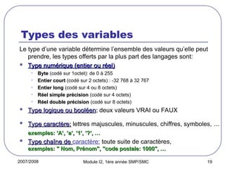2007/2008 Module I2, 1ère année SMP/SMC 19
Types des variables
Le type d’une variable détermine l’ensemble des valeurs qu’elle peut
prendre, les types offerts par la plus part des langages sont:
 Type numérique (entier ou réel)
Type numérique (entier ou réel)
• Byte
Byte (codé sur 1octet): de 0 à 255
• Entier court
Entier court (codé sur 2 octets) : -32 768 à 32 767
• Entier long
Entier long (codé sur 4 ou 8 octets)
• Réel simple précision
Réel simple précision (codé sur 4 octets)
• Réel double précision
Réel double précision (codé sur 8 octets)
 Type logique ou booléen
Type logique ou booléen:
: deux valeurs VRAI ou FAUX
 Type caractère:
Type caractère: lettres majuscules, minuscules, chiffres, symboles, …
exemples: ’A’, ’a’, ’1’, ’?’, …
exemples: ’A’, ’a’, ’1’, ’?’, …
 Type chaîne de
Type chaîne de caractère: toute suite de caractères,
exemples: " Nom, Prénom", "code postale: 1000", …
exemples: " Nom, Prénom", "code postale: 1000", …
 